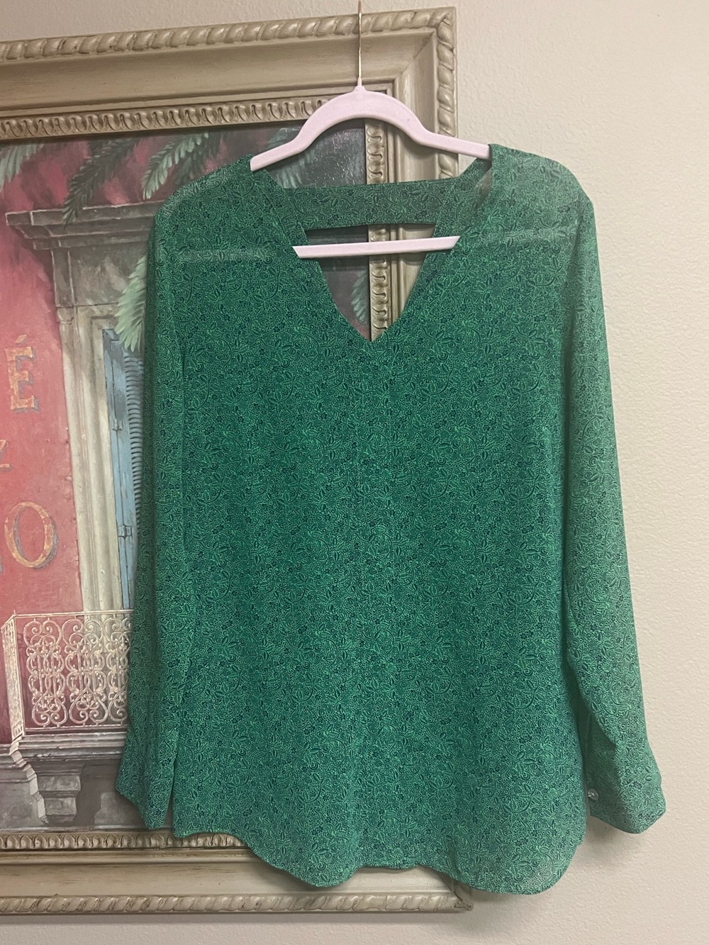 CAbi Emerald Green V-Neck Printed Blouse